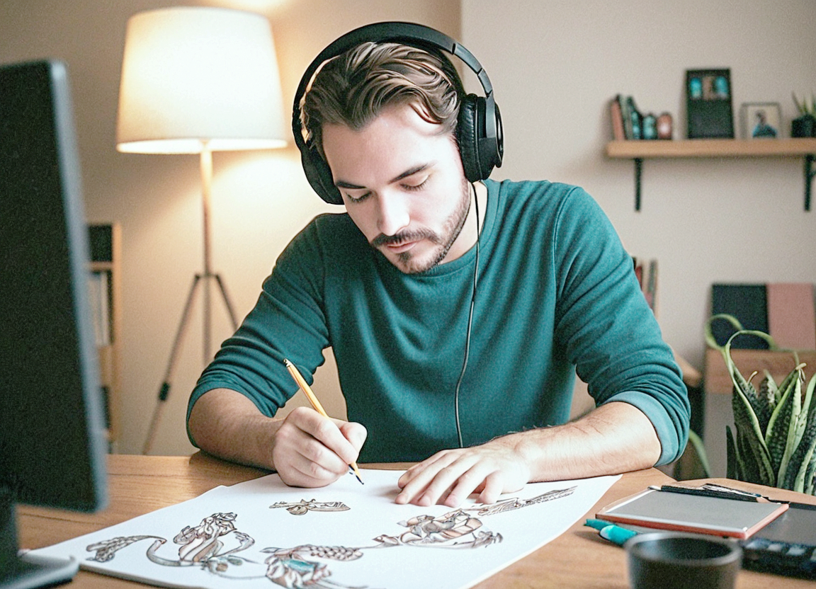 Focused and Happy Man doing artwork